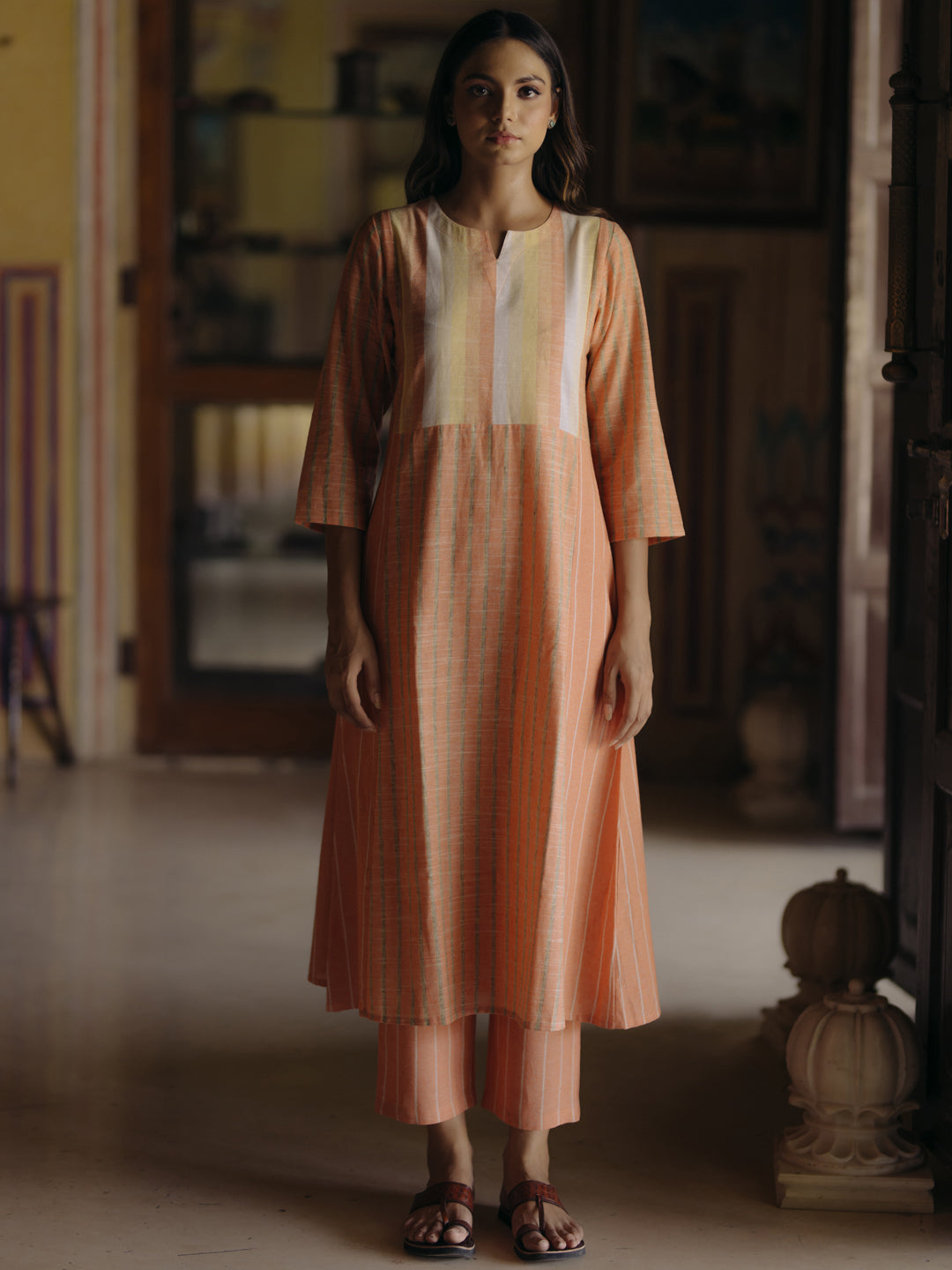 Women's Orange Cotton Patchwork Straight Kurta with Trousers
