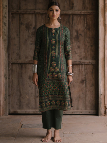 Women's Green Sequinned Straight Kurta With Pants