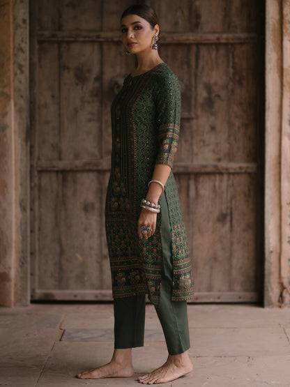 Women's Green Sequinned Straight Kurta With Pants