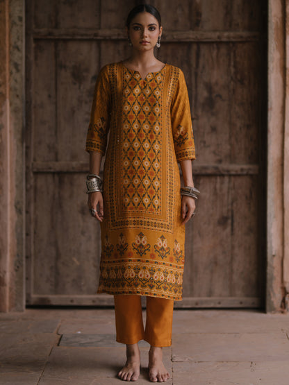 Women's Mustard Sequinned Straight Kurta With Pants