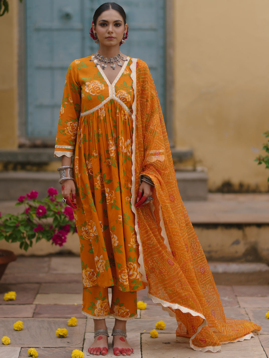 Women's Floral Empire Waist Kurta Set with Bandhni Dupatta