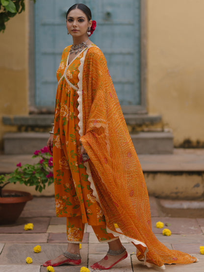 Women's Floral Empire Waist Kurta Set with Bandhni Dupatta