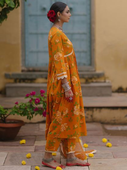 Women's Floral Empire Waist Kurta Set with Bandhni Dupatta