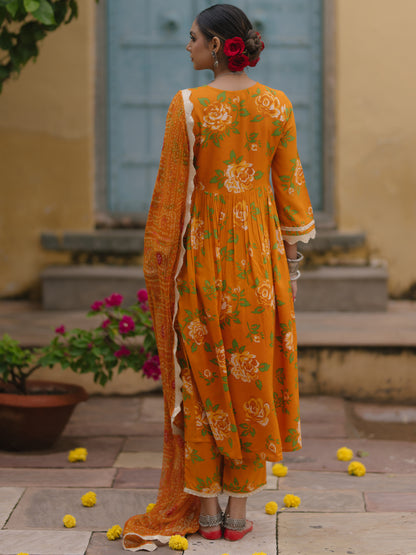 Women's Floral Empire Waist Kurta Set with Bandhni Dupatta