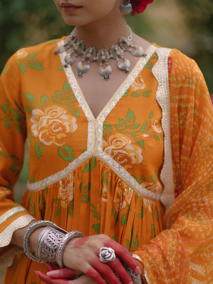 Women's Floral Empire Waist Kurta Set with Bandhni Dupatta