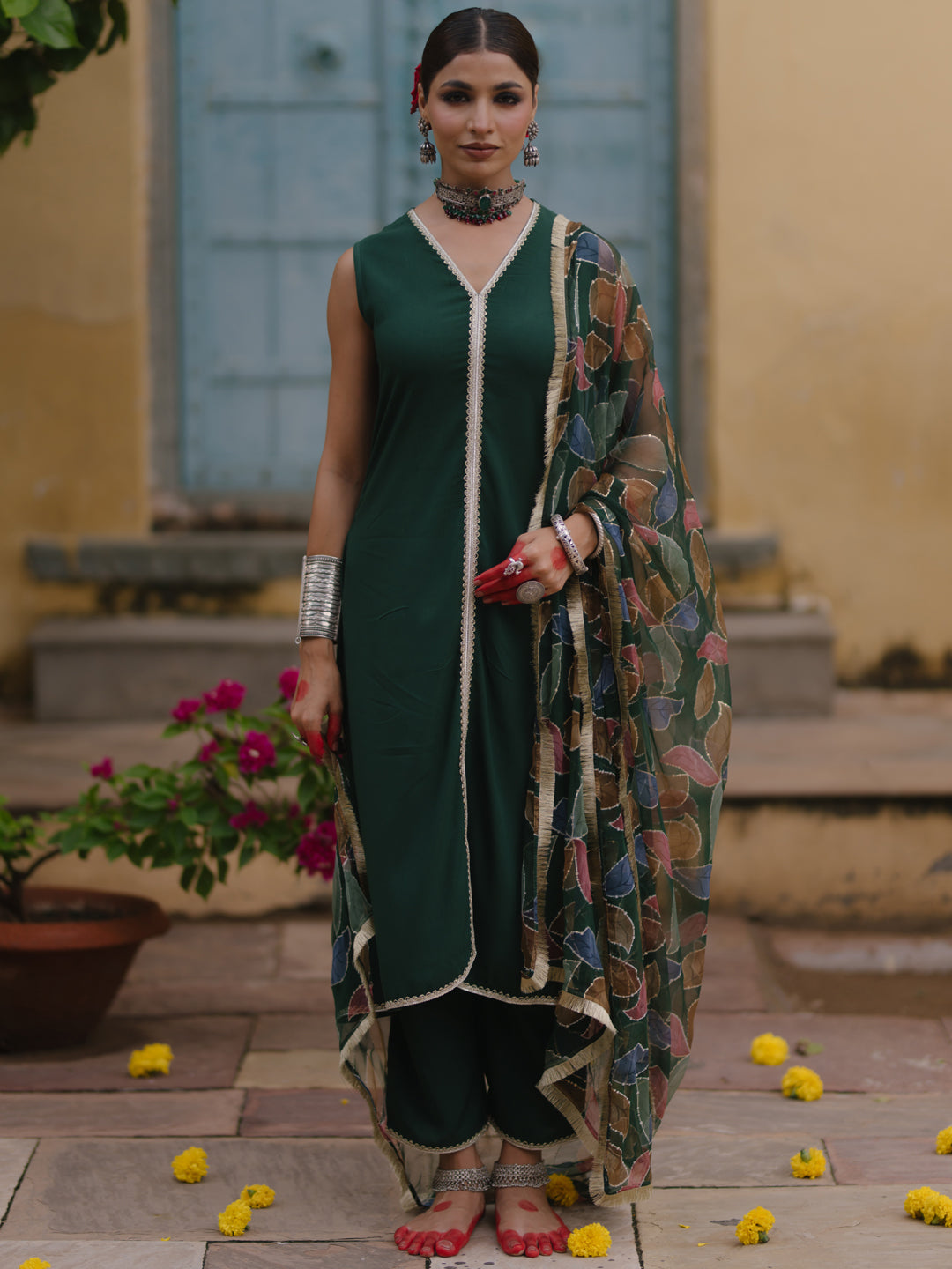 Women's A line Kurta Set with Floral Dupatta