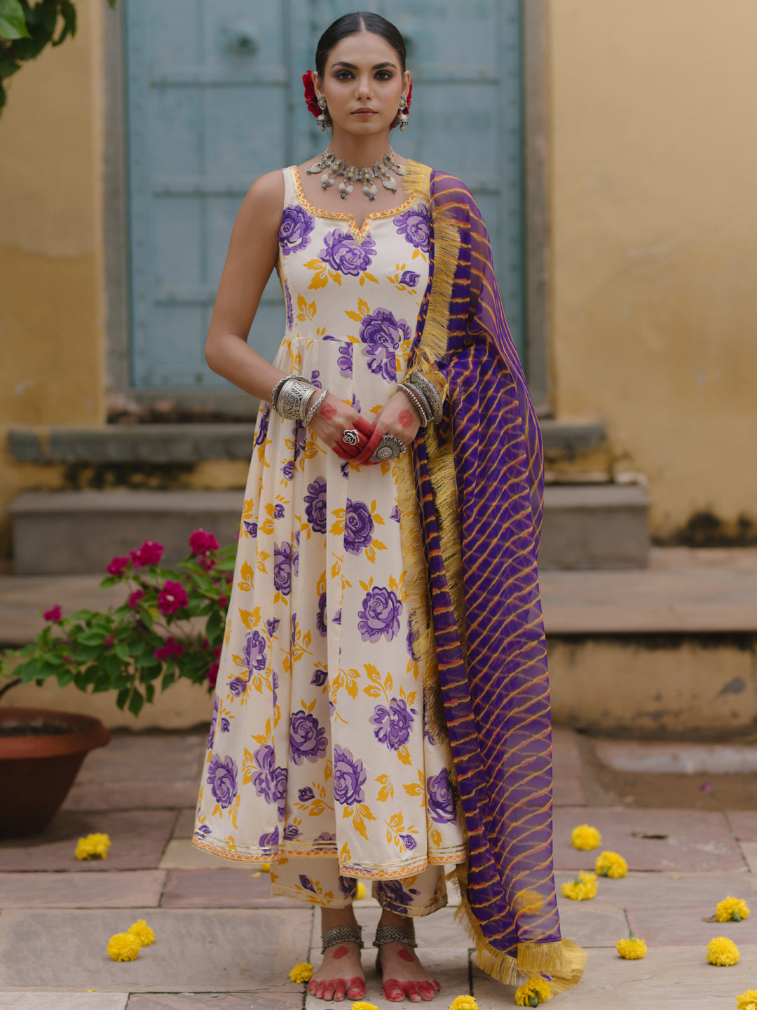 Women's Floral Anarkali Set with Leheriya Dupatta