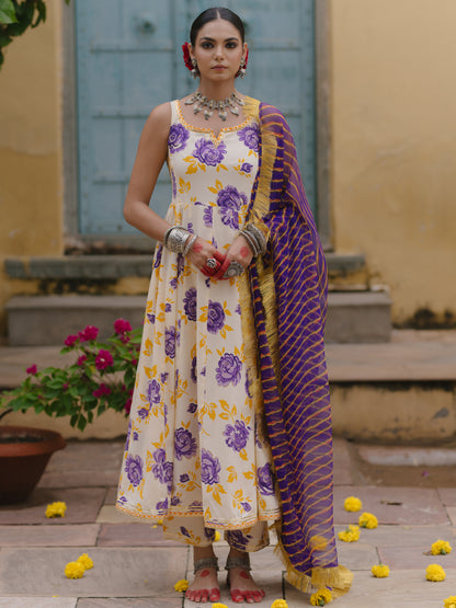 Women's Floral Anarkali Set with Leheriya Dupatta