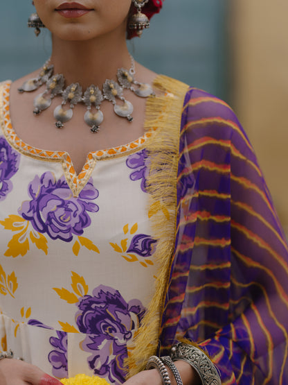 Women's Floral Anarkali Set with Leheriya Dupatta