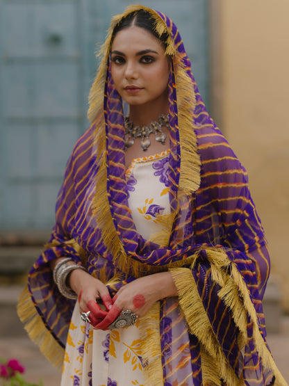 Women's Floral Anarkali Set with Leheriya Dupatta