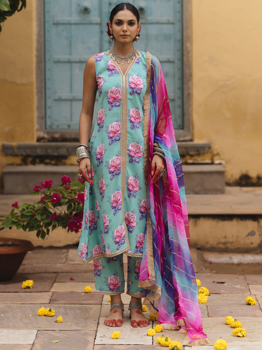 Women's Floral A line Kurta Set with Multi Coloured Dupatta