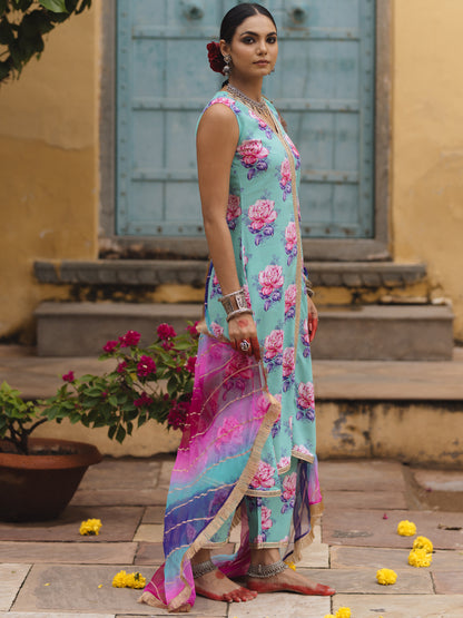 Women's Floral A line Kurta Set with Multi Coloured Dupatta