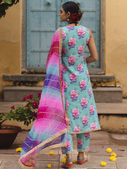 Women's Floral A line Kurta Set with Multi Coloured Dupatta