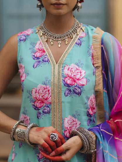 Women's Floral A line Kurta Set with Multi Coloured Dupatta