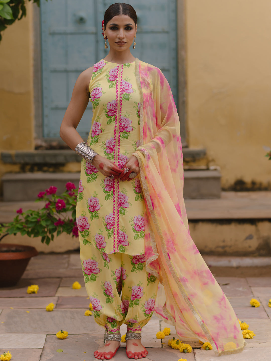 Women's Floral Kurta Set with Tie Dye Dupatta