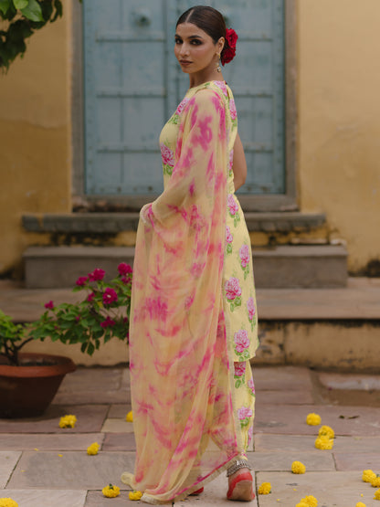 Women's Floral Kurta Set with Tie Dye Dupatta