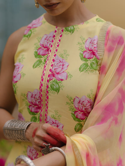 Women's Floral Kurta Set with Tie Dye Dupatta