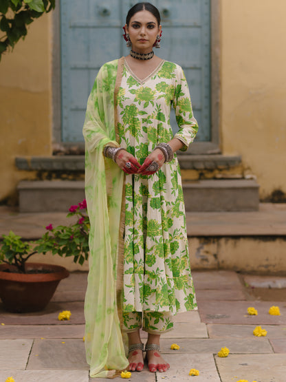 Women's Floral Tier Kurta Set with Tie Dye Dupatta
