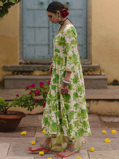 Women's Floral Tier Kurta Set with Tie Dye Dupatta