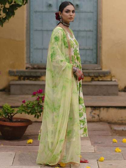 Women's Floral Tier Kurta Set with Tie Dye Dupatta