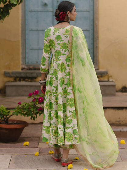 Women's Floral Tier Kurta Set with Tie Dye Dupatta