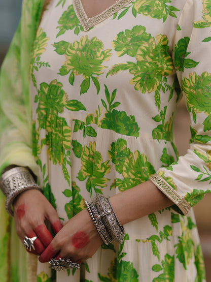 Women's Floral Tier Kurta Set with Tie Dye Dupatta