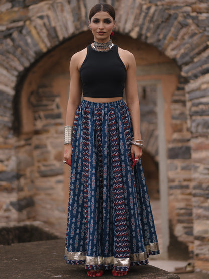 Women's Blue Dual Printed Flared Long Skirt