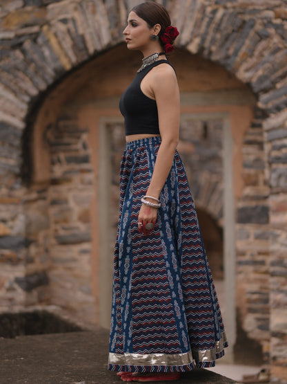 Women's Blue Dual Printed Flared Long Skirt