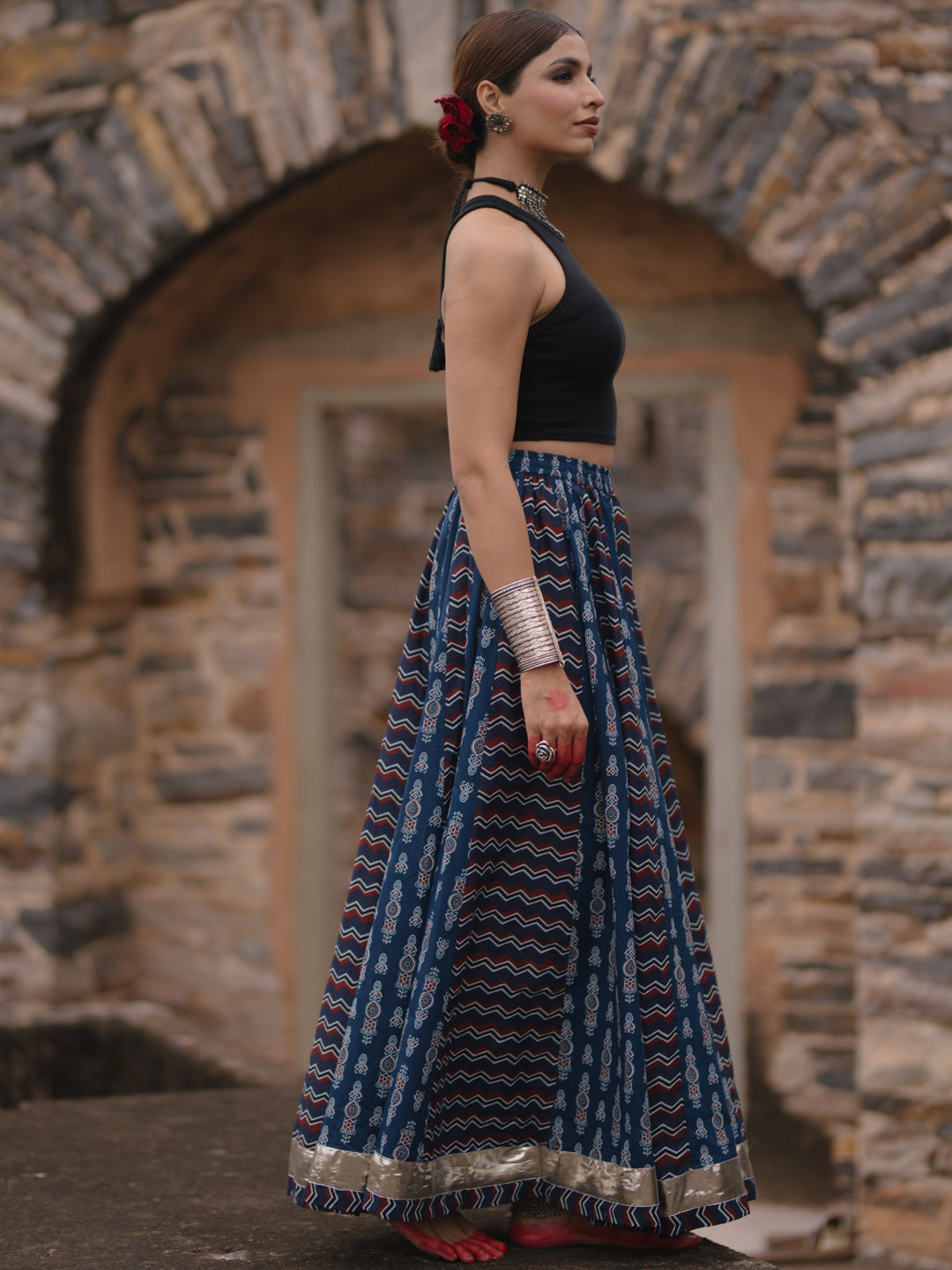 Women's Dual Printed Flared Long Skirt