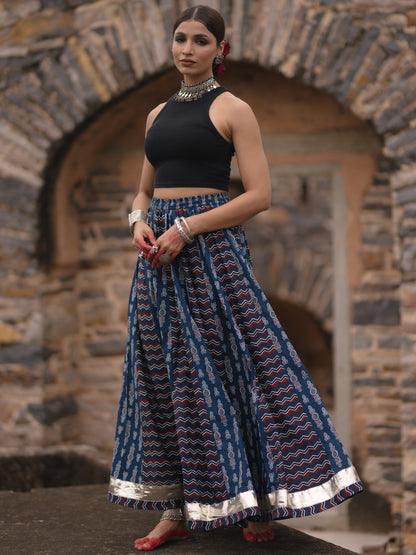 Women's Blue Dual Printed Flared Long Skirt