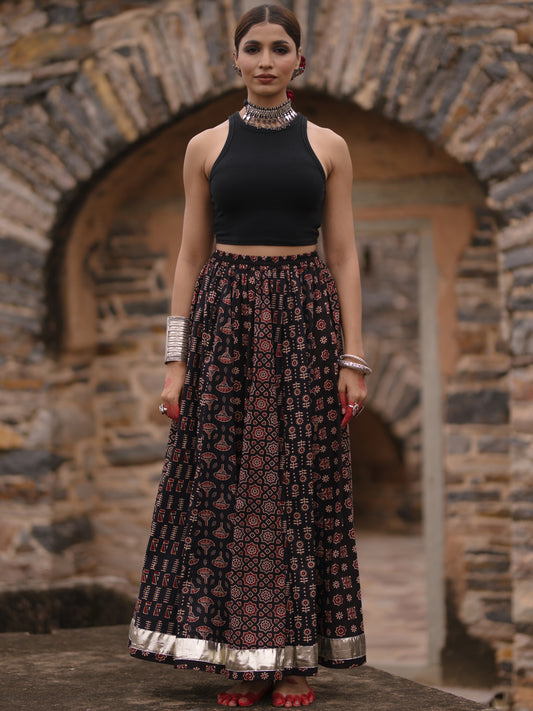 Women's Black Multi Printed Flared Long Skirt