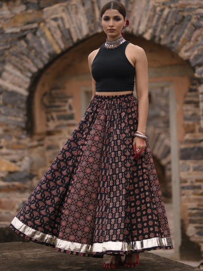 Women's Black Multi Printed Flared Long Skirt