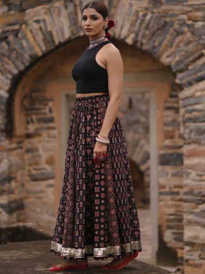 Women's Black Multi Printed Flared Long Skirt