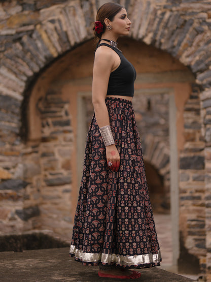 Women's Black Multi Printed Flared Long Skirt