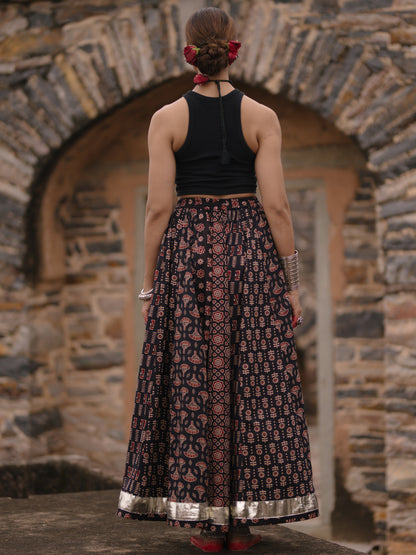 Women's Black Multi Printed Flared Long Skirt