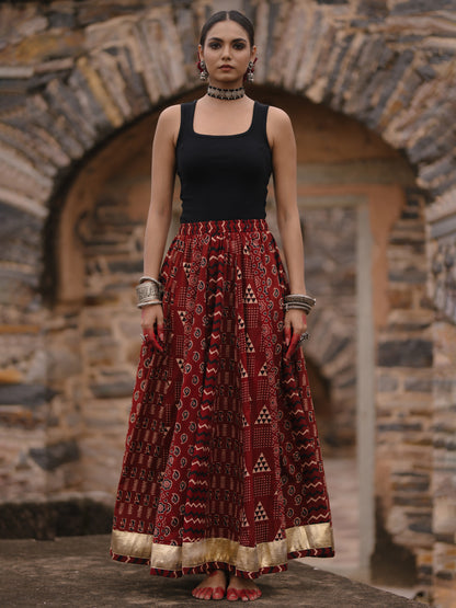 Women's Maroon Multi Printed Flared Long Skirt
