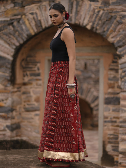 Women's Maroon Multi Printed Flared Long Skirt