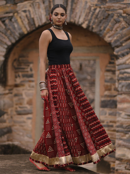 Women's Maroon Multi Printed Flared Long Skirt