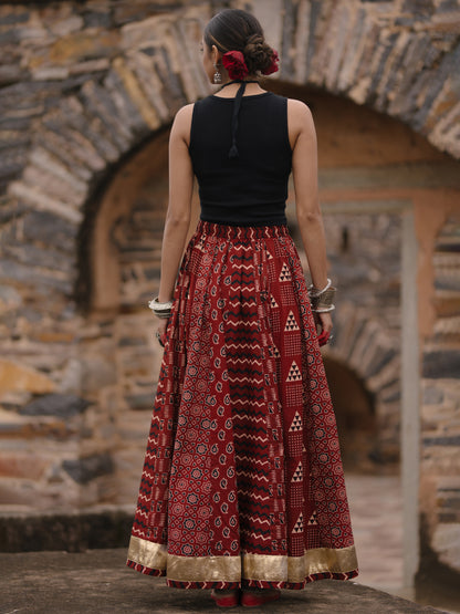 Women's Maroon Multi Printed Flared Long Skirt