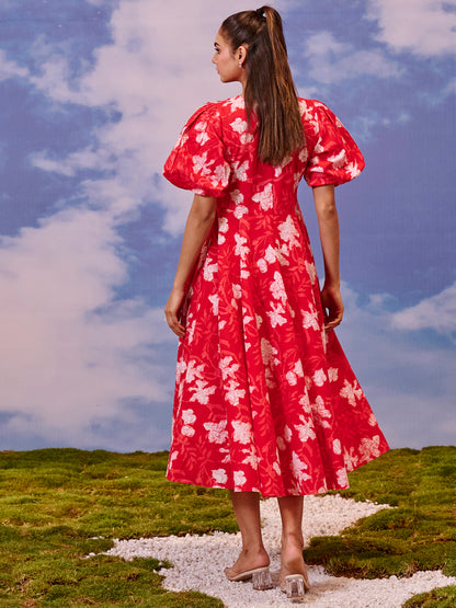 Women's Red long dress with balloon sleeves