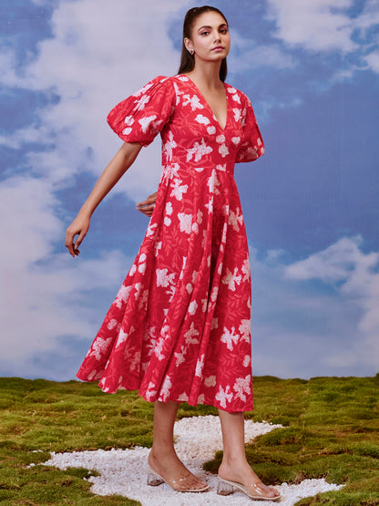 Women's Red long dress with balloon sleeves