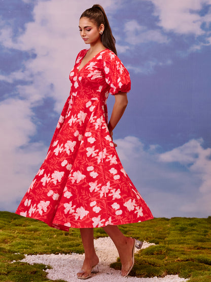 Women's Red long dress with balloon sleeves