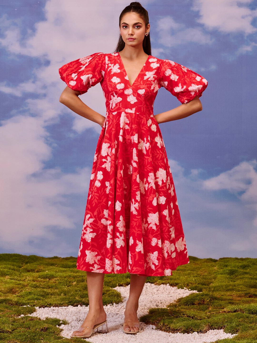 Women's Red long dress with balloon sleeves XS - Main Image