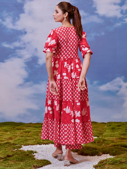 Women's Rayon Tiered Kurta with Straight Trousers