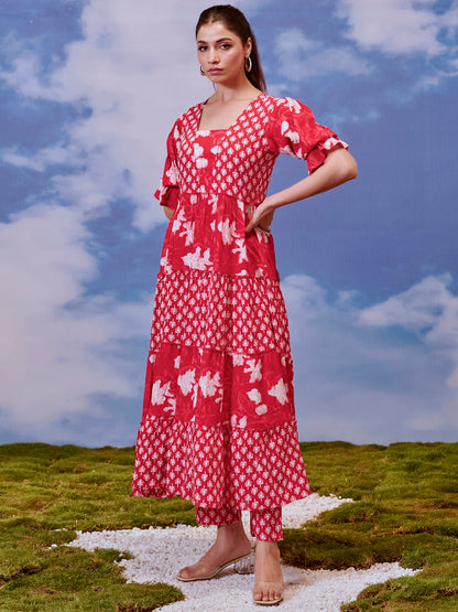 Women's Rayon Tiered Kurta with Straight Trousers