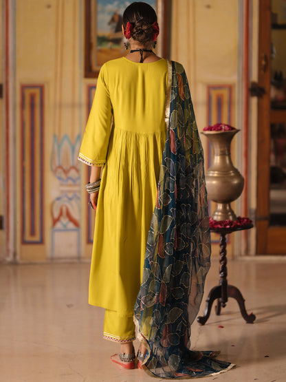 Women's Empire Waist Kurta Set with Floral Dupatta