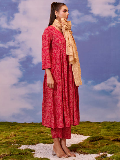 Women's Rayon Flared Kurta With Trouser And Dupatta