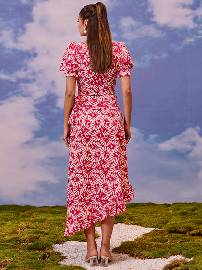 Women's Red Ruffled Wrap Skirt With Balloon Sleeves Top