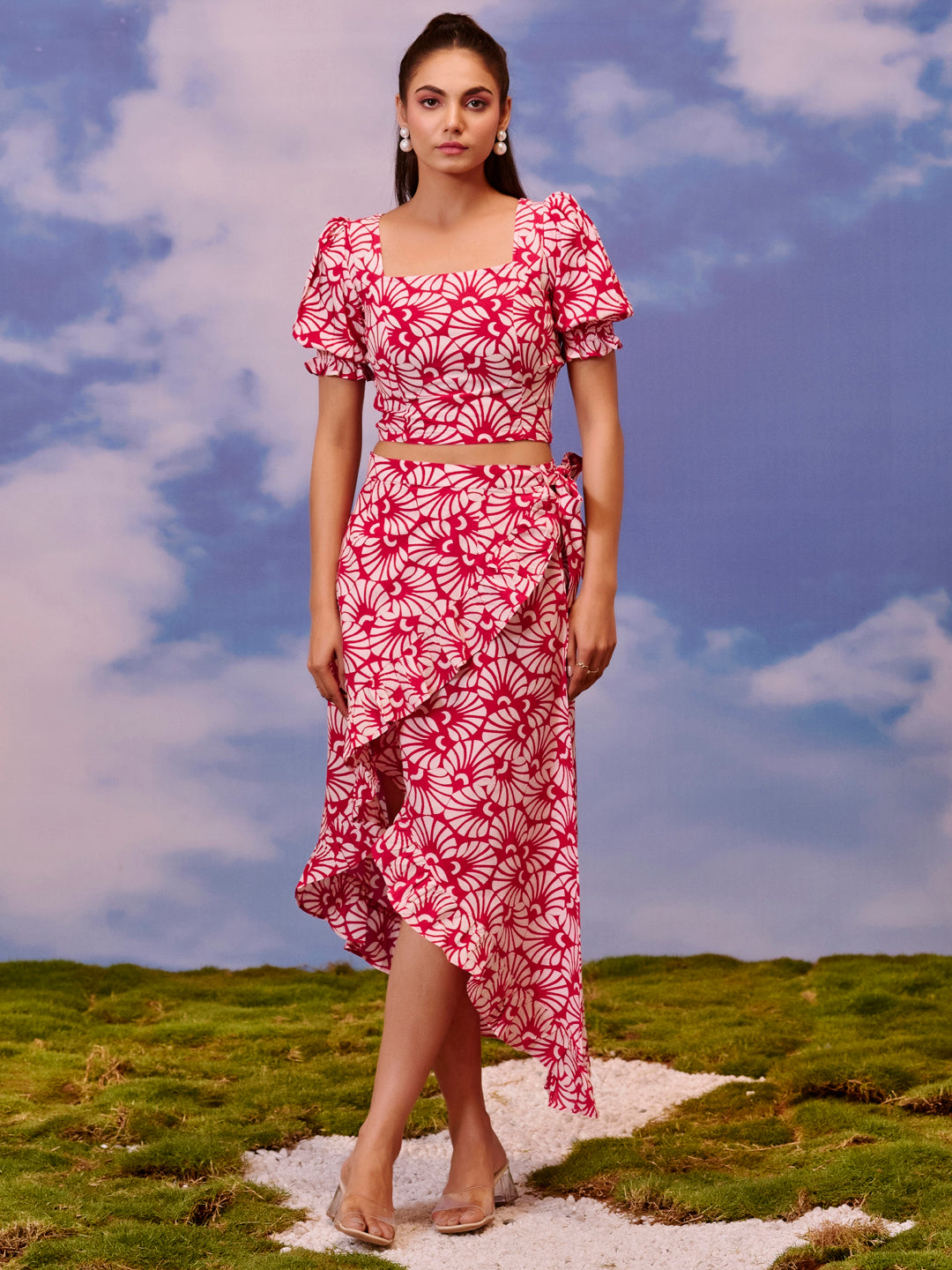 Women's Red Ruffled Wrap Skirt With Balloon Sleeves Top