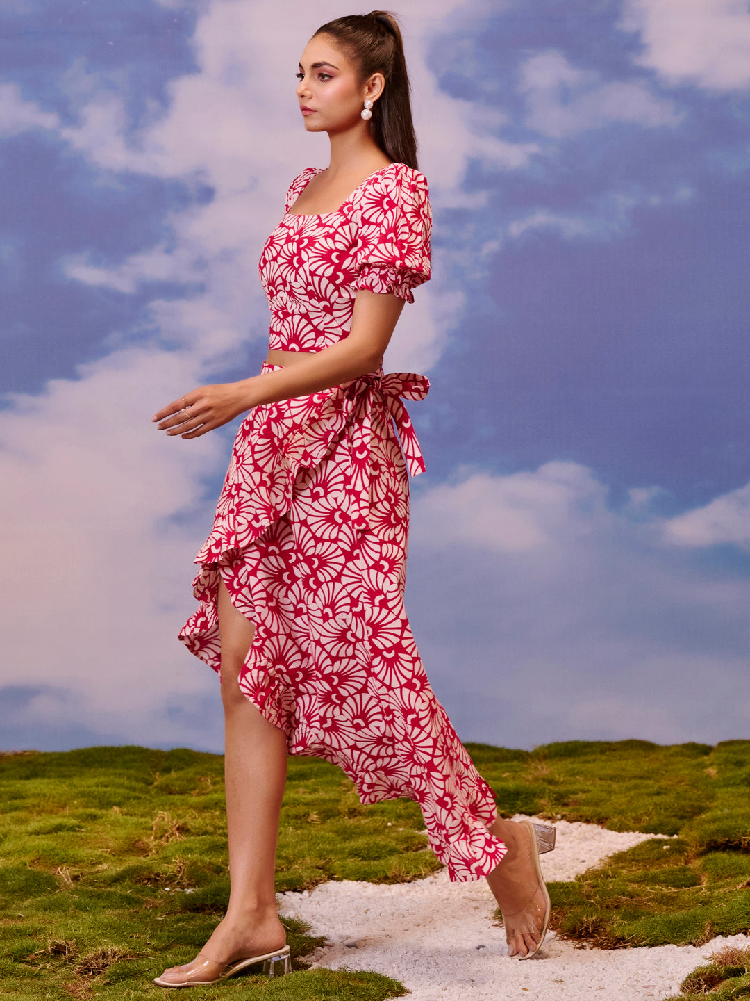 Buy Women's Red Ruffled Wrap Skirt With Balloon Sleeves Top Online